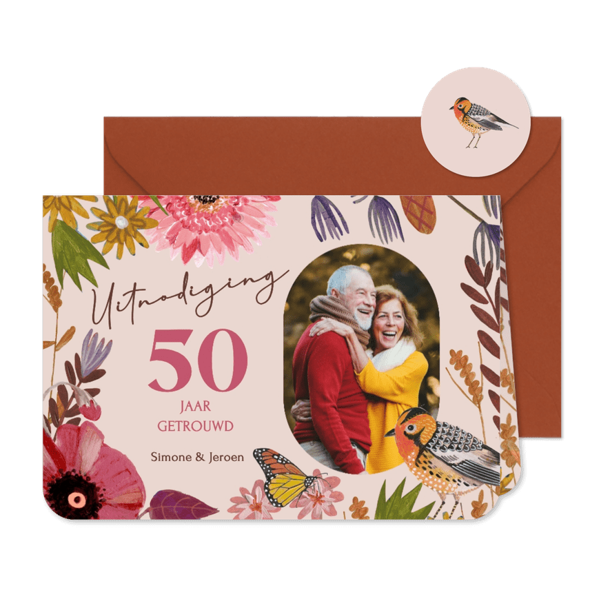 Uitnodiging jubileum bloemen, vogel en vlinder - Kaartimpressie