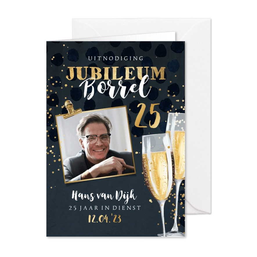 Uitnodiging jubileum borrel 25 jaar champagne goudfolie clip - Kaartimpressie