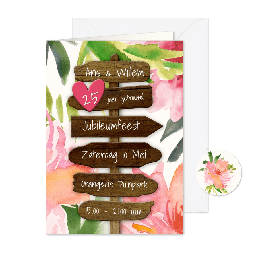 Uitnodiging jubileum botanische wegwijzer bloemen hout - Kaartimpressie