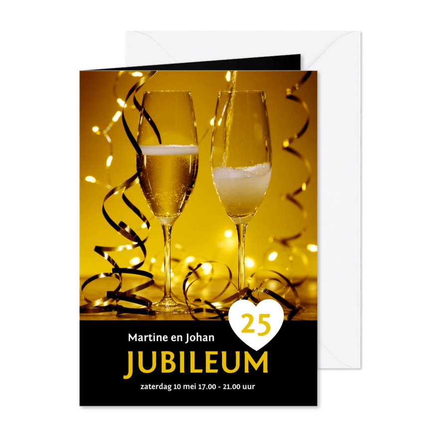 Uitnodiging jubileum champagne en slingers binnen eigen foto - Kaartimpressie