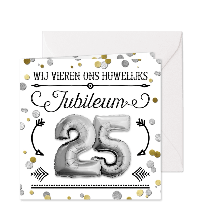 Uitnodiging jubileum confetti ballon 25 zilver - Kaartimpressie