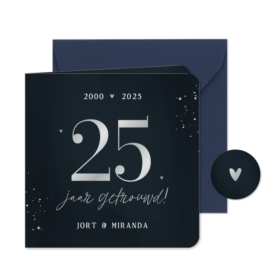 Uitnodiging jubileum donkerblauw zilver 25 jaar getrouwd - Kaartimpressie