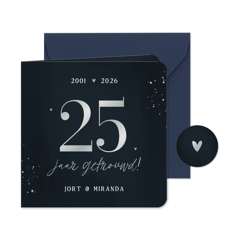 Uitnodiging jubileum donkerblauw zilver 25 jaar getrouwd - Kaartimpressie