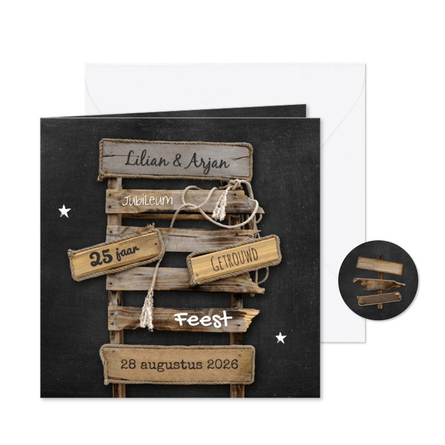 Uitnodiging jubileum drijfhout pallet op krijtbord - Kaartimpressie