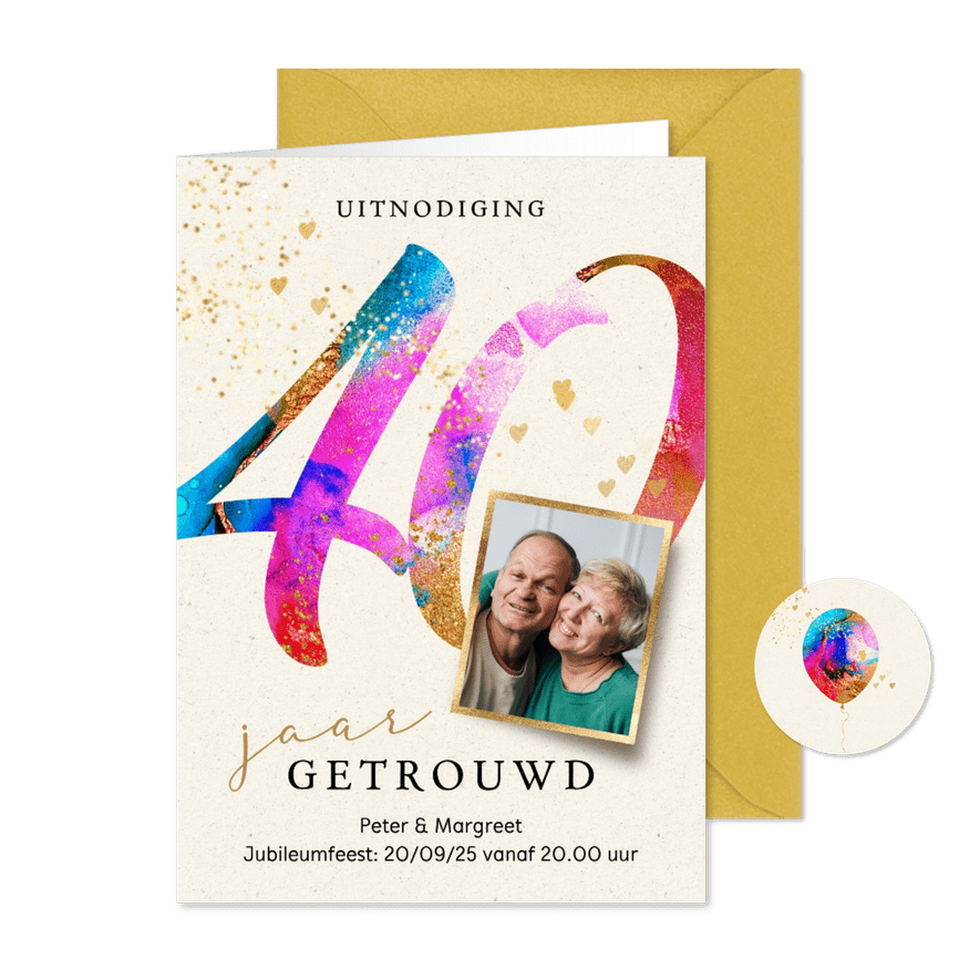 Uitnodiging jubileum feest 40 jaar getrouwd verf - Kaartimpressie