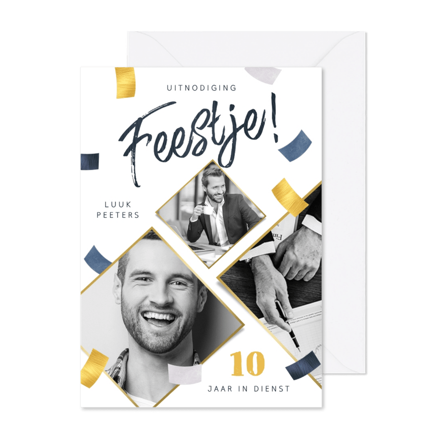 Uitnodiging jubileum feestje dienstverband fotokaart confett - Kaartimpressie