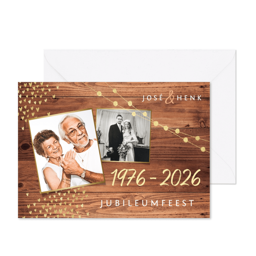Uitnodiging jubileum goud hout stijlvol foto's hartjes - Kaartimpressie