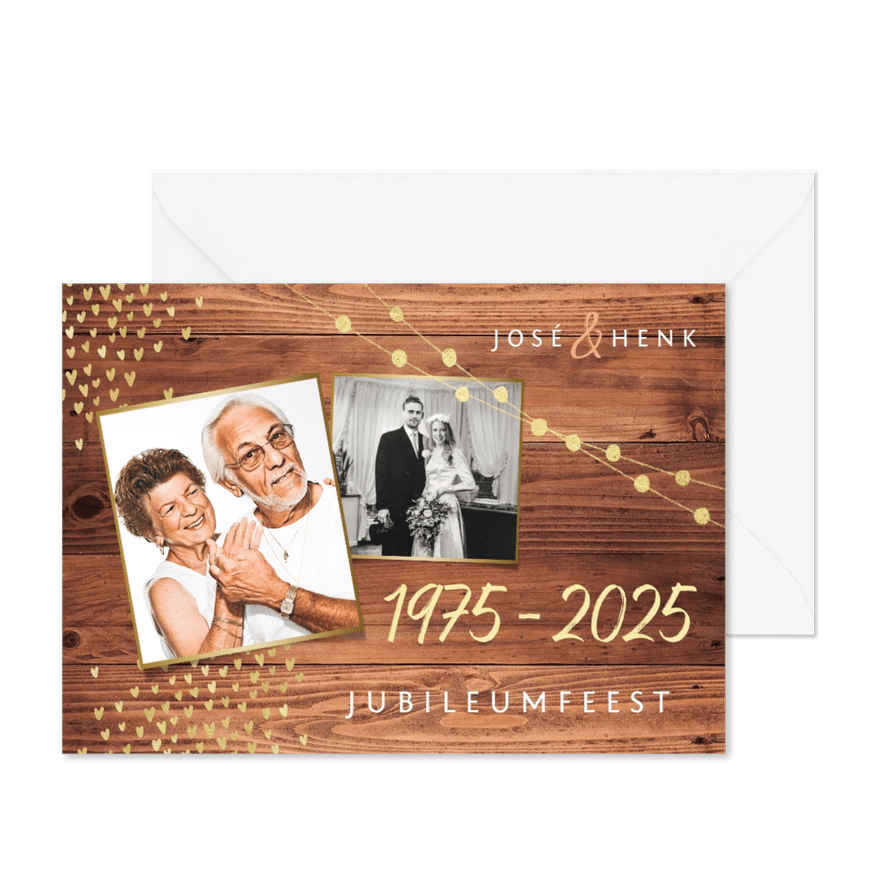 Uitnodiging jubileum goud hout stijlvol foto's hartjes - Kaartimpressie