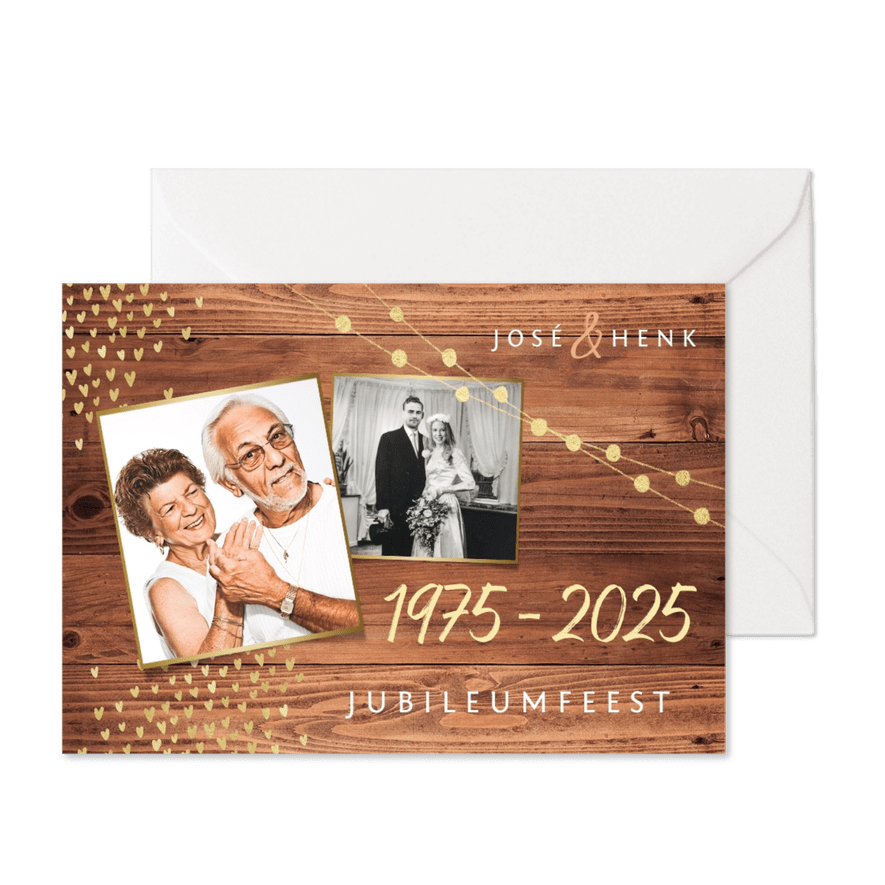 Uitnodiging jubileum goud hout stijlvol foto's hartjes - Kaartimpressie