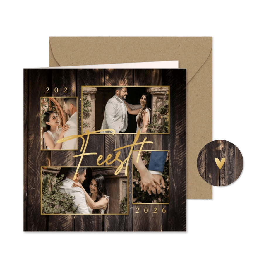 Uitnodiging jubileum houtlook fotocollage goud feestje - Kaartimpressie