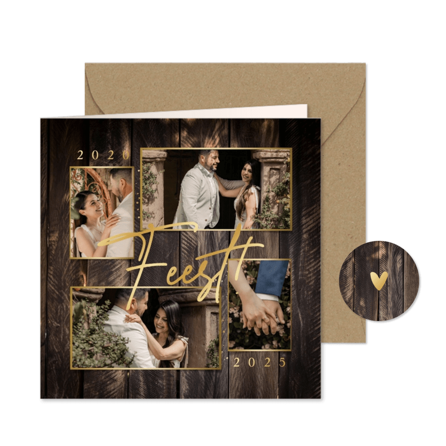 Uitnodiging jubileum houtlook fotocollage goud feestje - Kaartimpressie