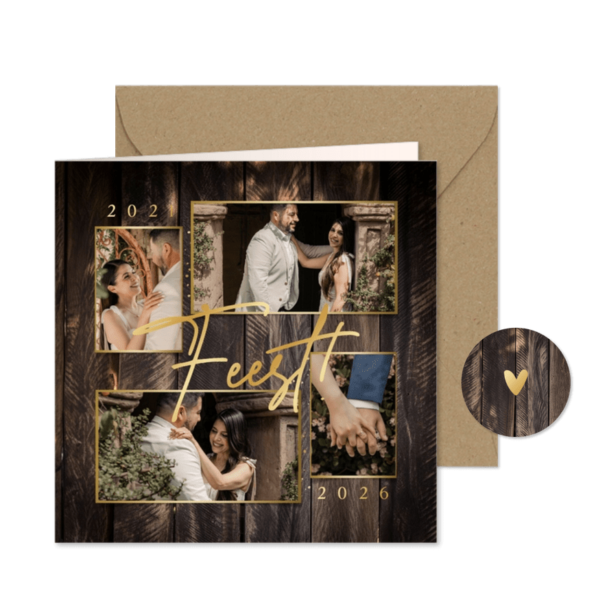 Uitnodiging jubileum houtlook fotocollage goud feestje - Kaartimpressie