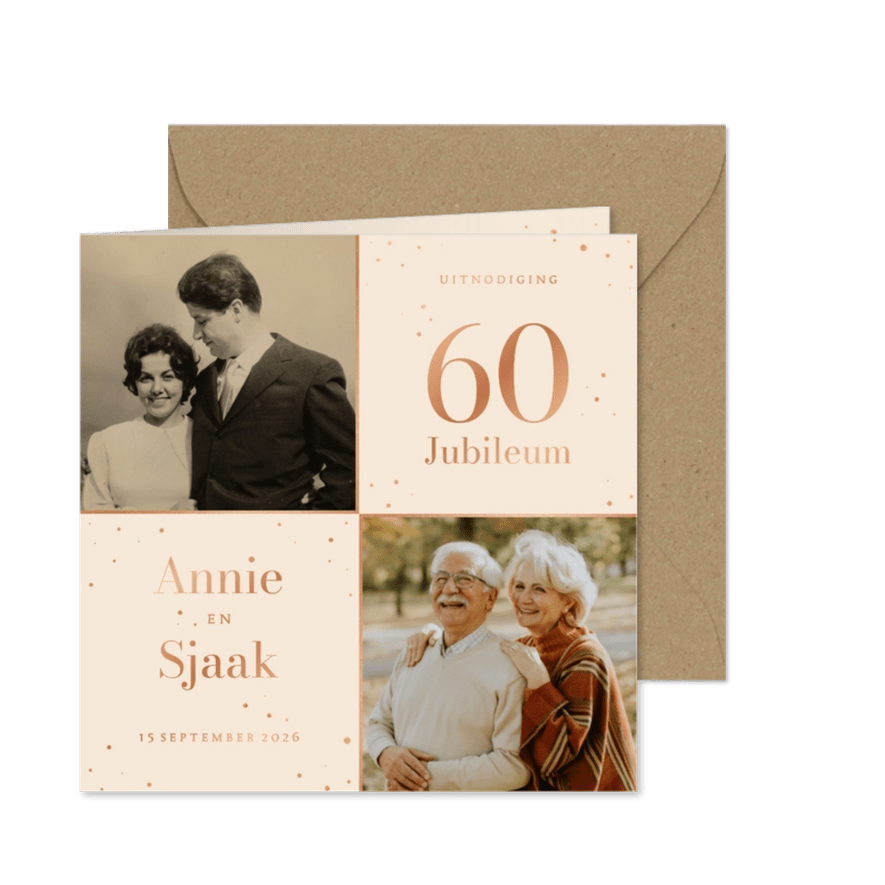 Uitnodiging jubileum met foto's en spetters koper - Kaartimpressie
