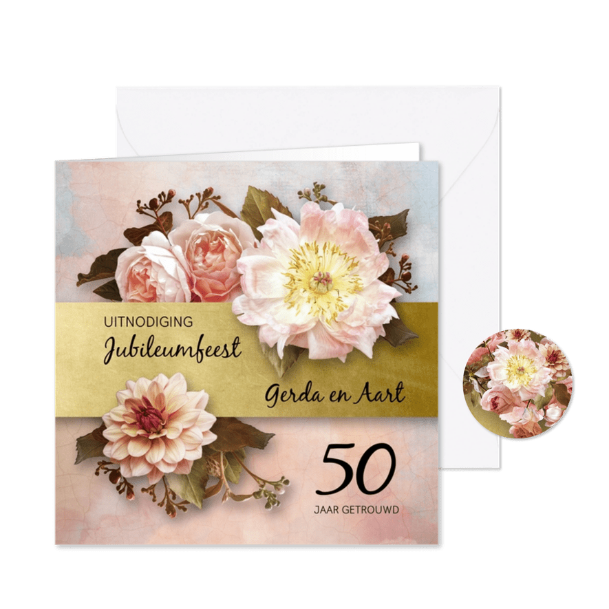 Uitnodiging jubileum stijlvolle bloemen oude meesters roze - Kaartimpressie