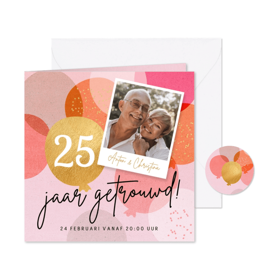 Uitnodiging jubileumfeest 25 jaar ballonnen en confetti - Kaartimpressie