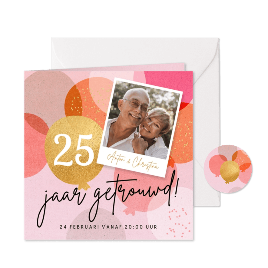 Uitnodiging jubileumfeest 25 jaar ballonnen en confetti - Kaartimpressie