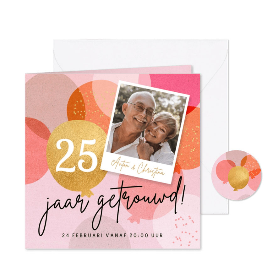 Uitnodiging jubileumfeest 25 jaar ballonnen en confetti - Kaartimpressie