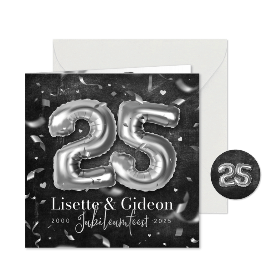Uitnodiging jubileumfeest 25 jaar getrouwd krijtbord ballon - Kaartimpressie
