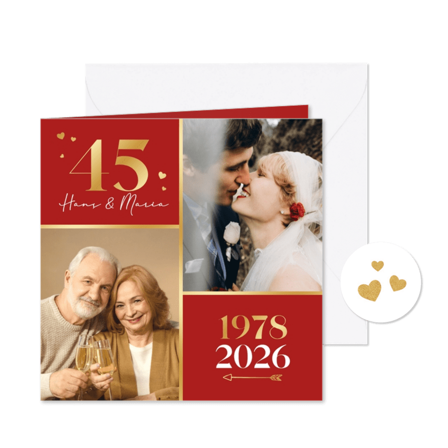 Uitnodiging jubileumfeest 45 jaar vermiljoen hartjes foto - Kaartimpressie
