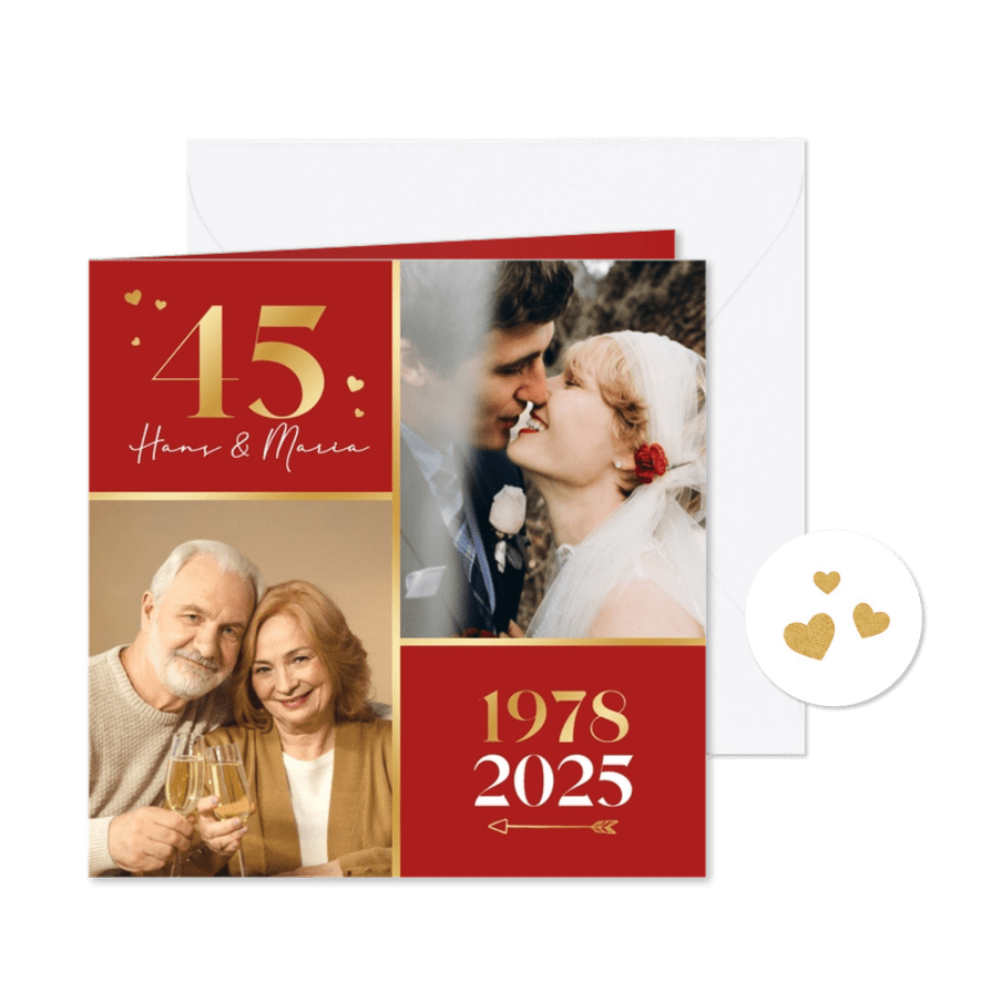 Uitnodiging jubileumfeest 45 jaar vermiljoen hartjes foto - Kaartimpressie