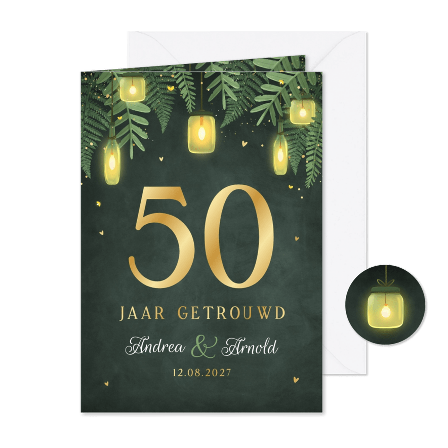 Uitnodiging jubileumfeest 50 goud lampjes tuinfeest - Kaartimpressie