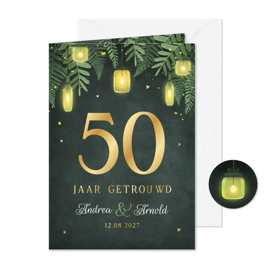 Uitnodiging jubileumfeest 50 goud lampjes tuinfeest - Kaartimpressie