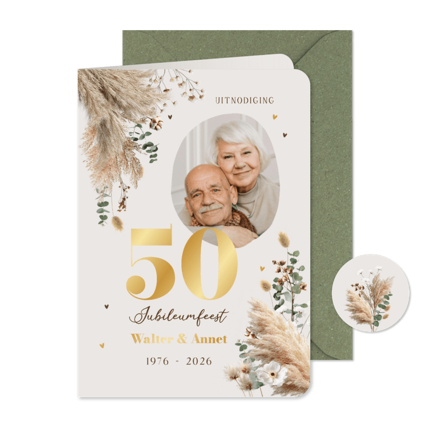 Uitnodiging jubileumfeest 50 jaar foto eucalyptus grassen - Kaartimpressie