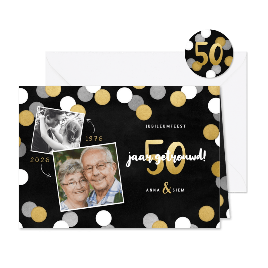 Uitnodiging jubileumfeest 50 jaar getrouwd confetti & foto's - Kaartimpressie