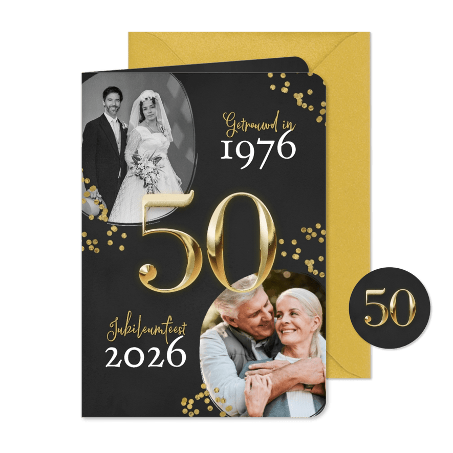 Uitnodiging jubileumfeest 50 jaar getrouwd confetti goud - Kaartimpressie