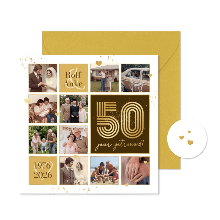 Uitnodiging jubileumfeest 50 jaar getrouwd fotocollage - Kaartimpressie