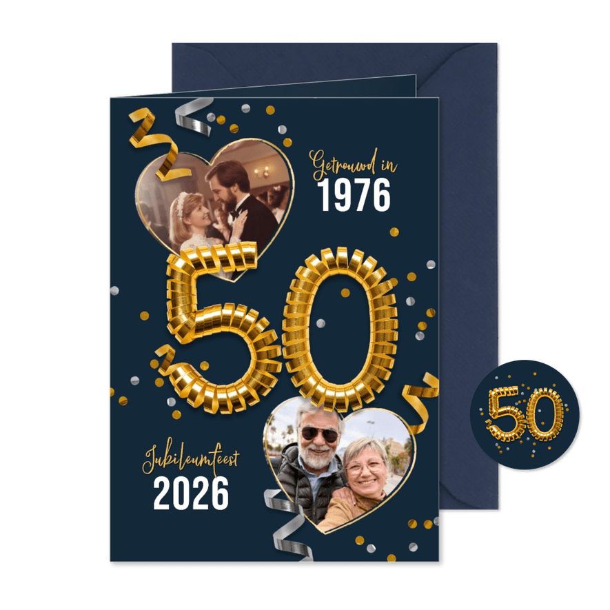 Uitnodiging jubileumfeest 50 jaar goud confetti foto's - Kaartimpressie