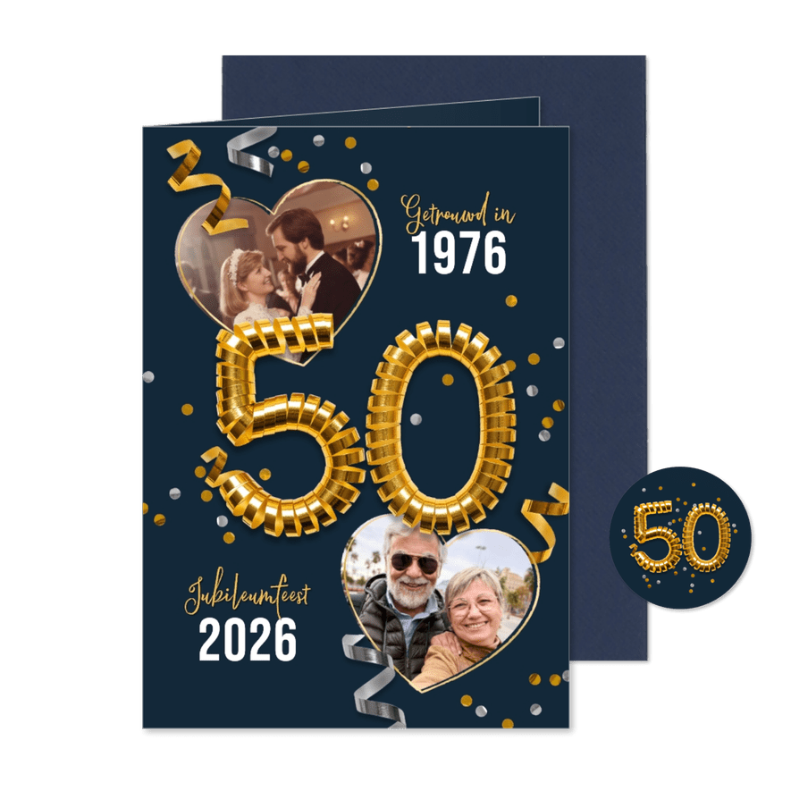 Uitnodiging jubileumfeest 50 jaar goud confetti foto's - Kaartimpressie