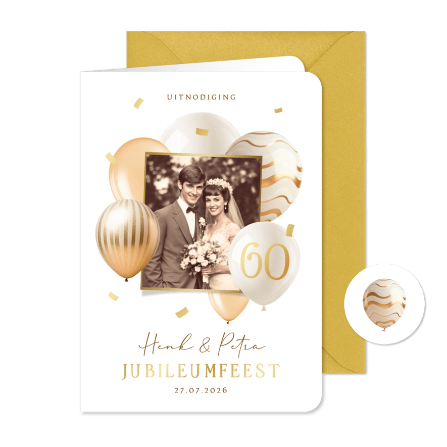 Uitnodiging jubileumfeest 60 jaar getrouwd ballonnen goud - Kaartimpressie