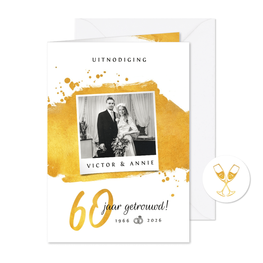 Uitnodiging jubileumfeest 60 jaar getrouwd goud foto cheers - Kaartimpressie