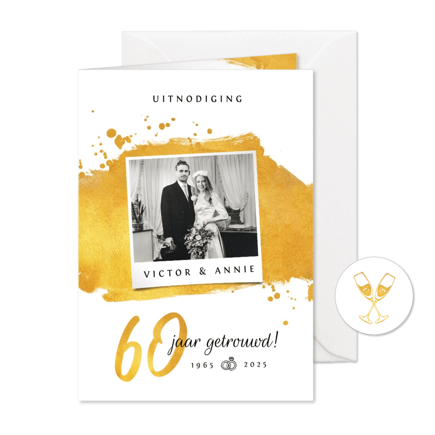 Uitnodiging jubileumfeest 60 jaar getrouwd goud foto cheers - Kaartimpressie