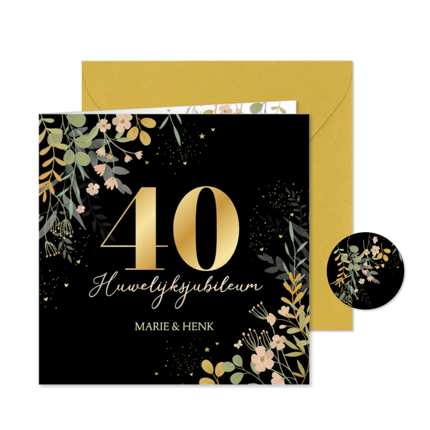 Uitnodiging jubileumfeest bloemen en hartjes  - Kaartimpressie