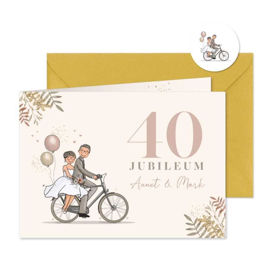Uitnodiging jubileumfeest fietsend stel met ballonnen - Kaartimpressie