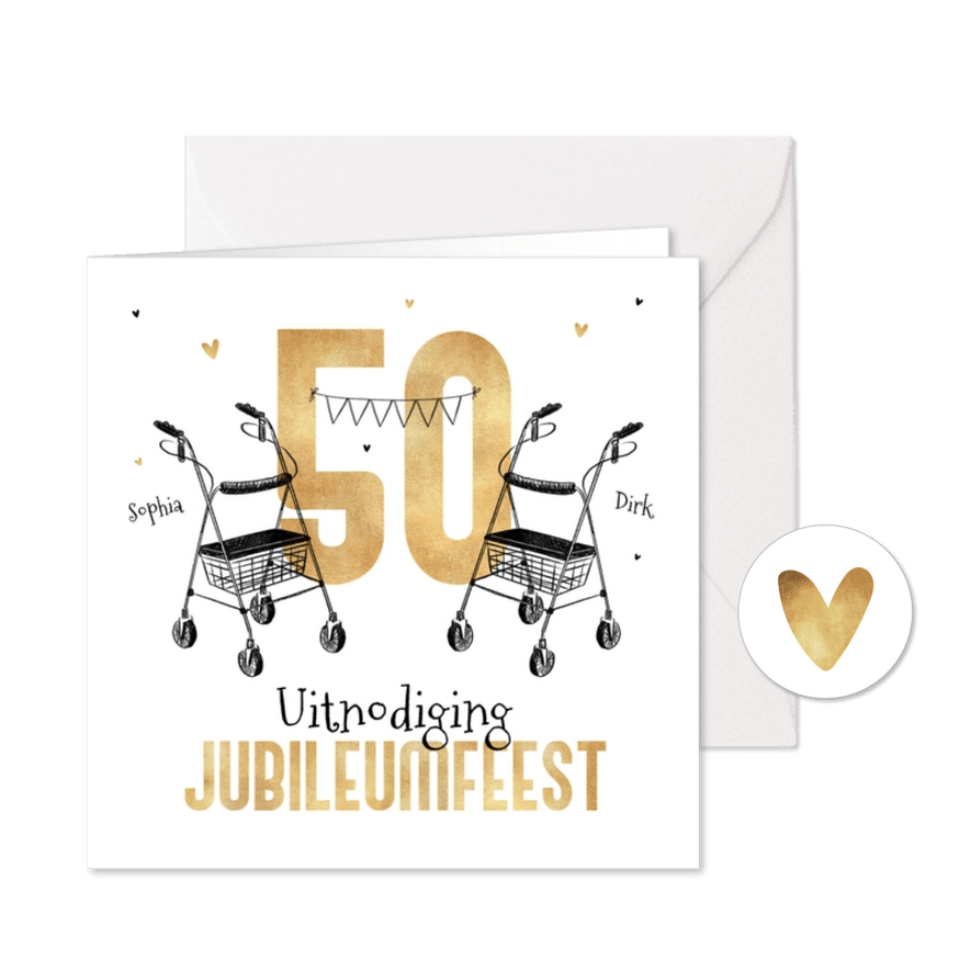 Uitnodiging jubileumfeest humor rollator feest goud 50 - Kaartimpressie