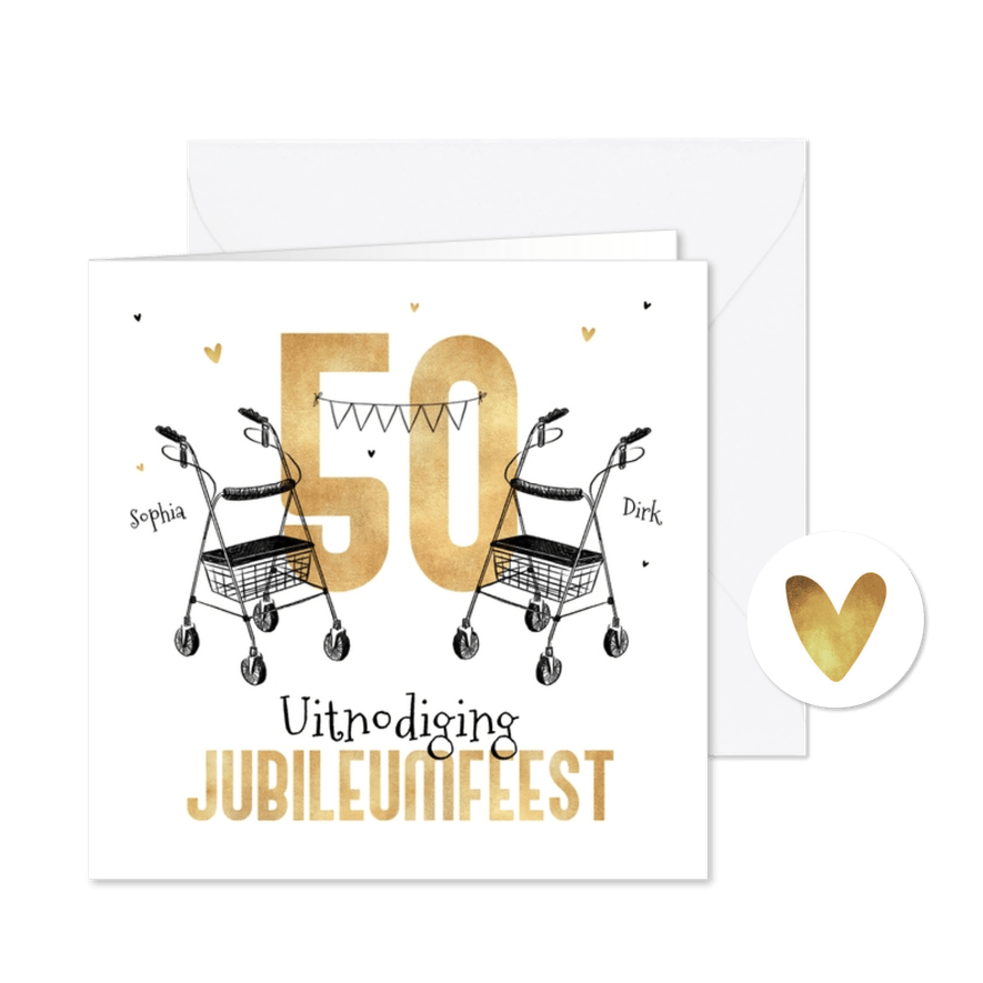 Uitnodiging jubileumfeest humor rollator feest goud 50 - Kaartimpressie