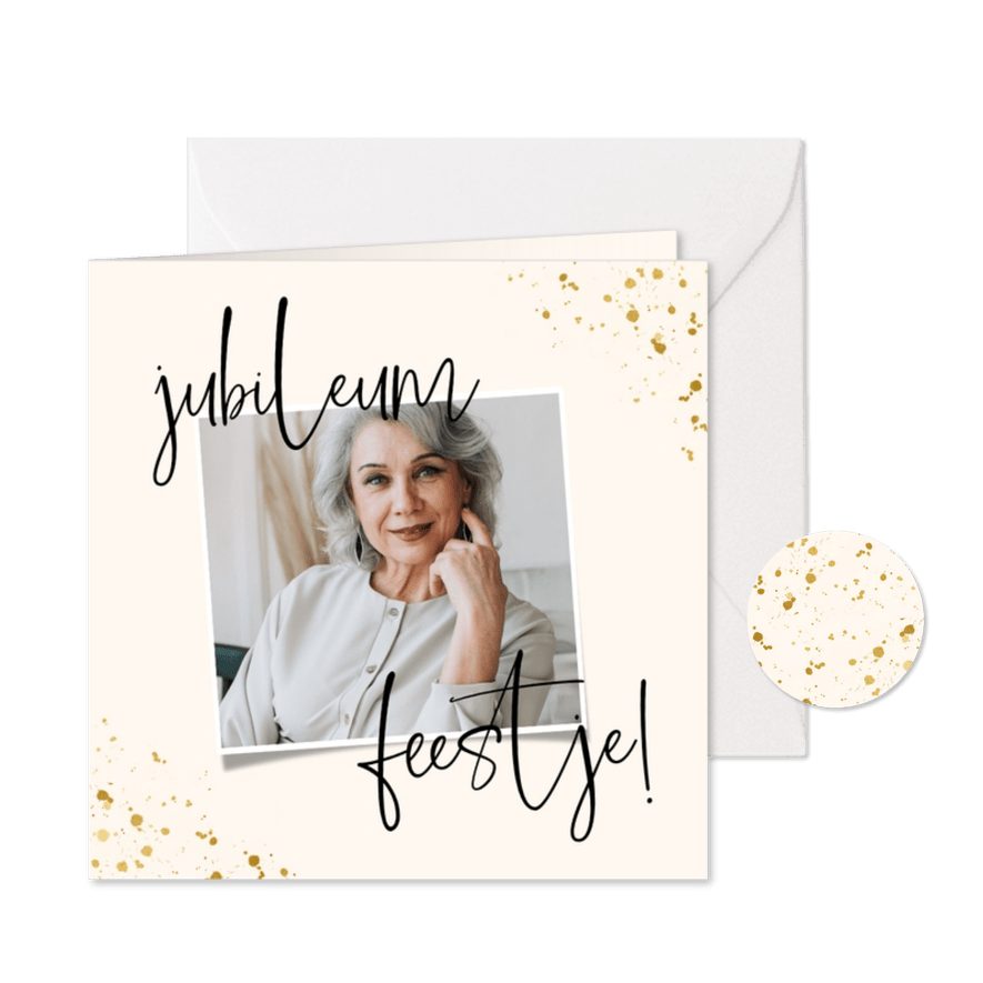 Uitnodiging jubileumfeest met foto en gouden spettertjes - Kaartimpressie