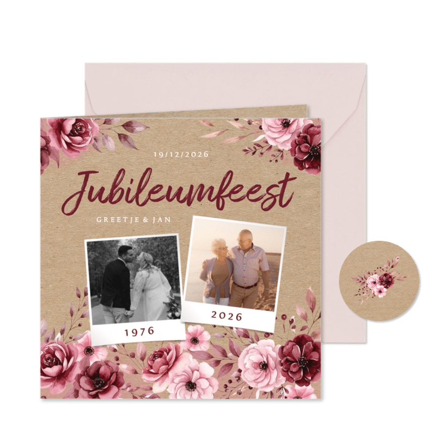 Uitnodiging jubileumfeest met vintage bloemen kraftpapier - Kaartimpressie