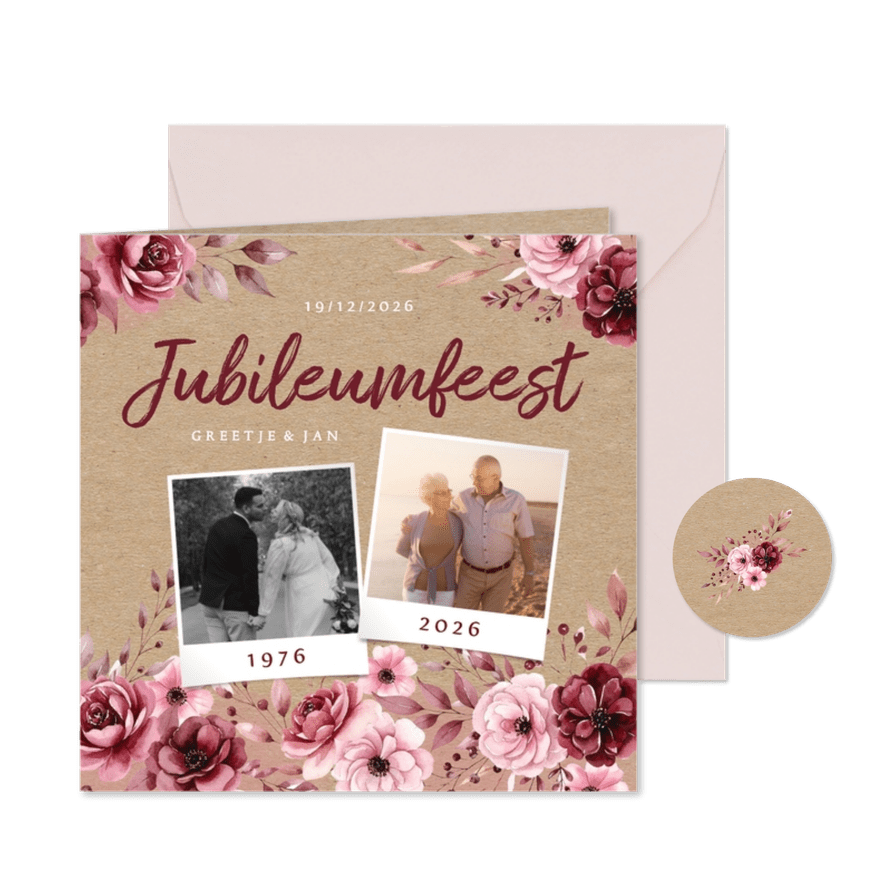 Uitnodiging jubileumfeest met vintage bloemen kraftpapier - Kaartimpressie