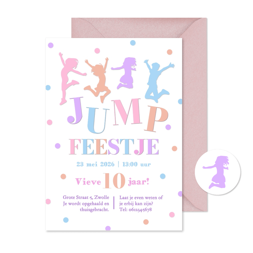 Uitnodiging jump feestje meisje wit met confetti - Kaartimpressie
