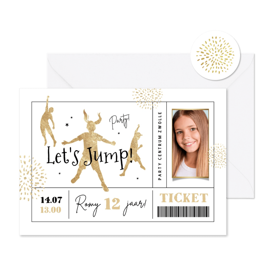 Uitnodiging jump party trampoline goud ticket foto - Kaartimpressie