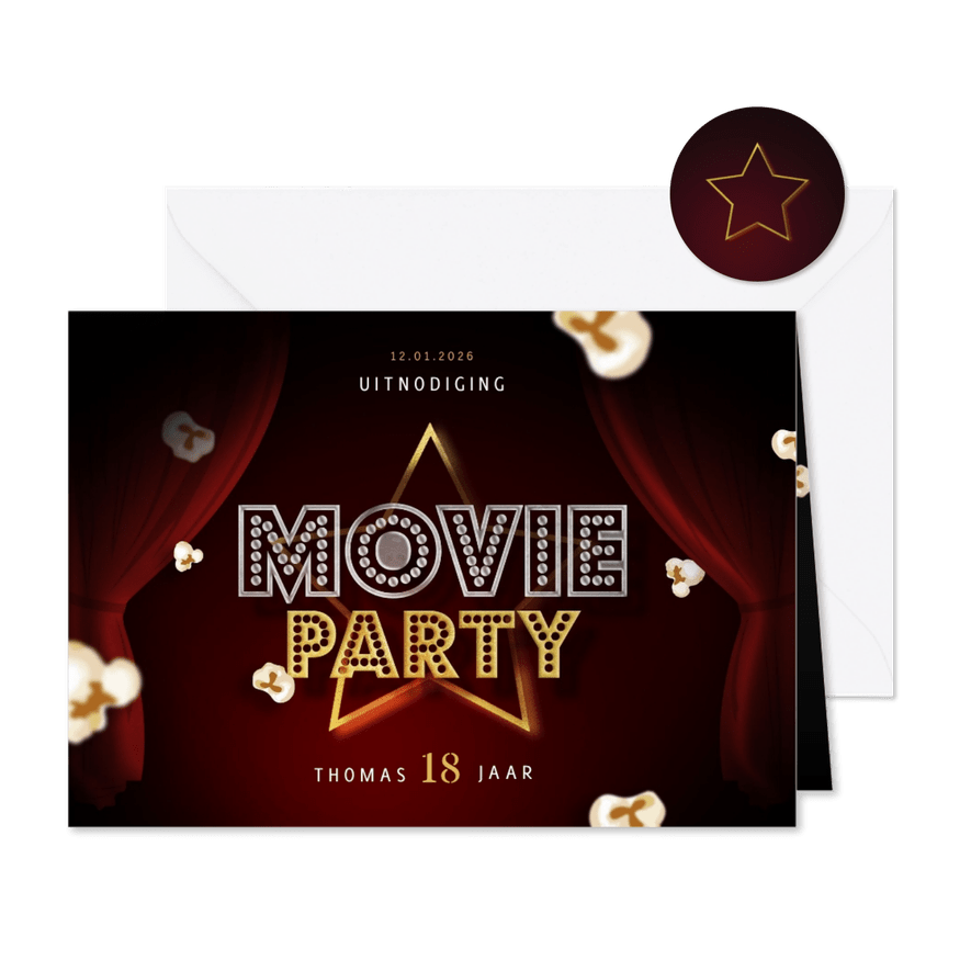 Uitnodiging kaartje bioscoop movie party popcorn - Kaartimpressie