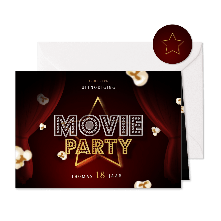 Uitnodiging kaartje bioscoop movie party popcorn - Kaartimpressie