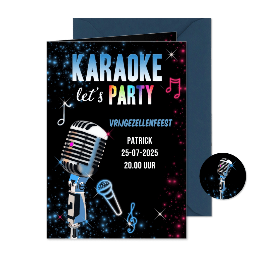 Uitnodiging karaokefeestje neon - Kaartimpressie