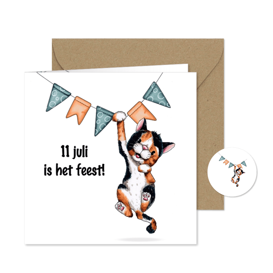 Uitnodiging kat hangt in de slingers - Kaartimpressie