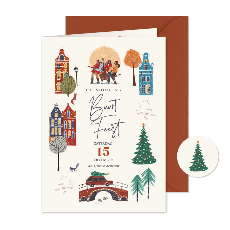 Uitnodiging kerst buurtfeest grachtenpanden - Kaartimpressie