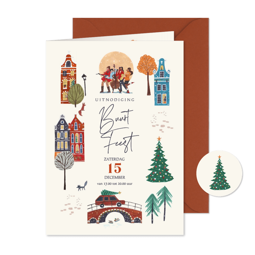 Uitnodiging kerst buurtfeest grachtenpanden - Kaartimpressie